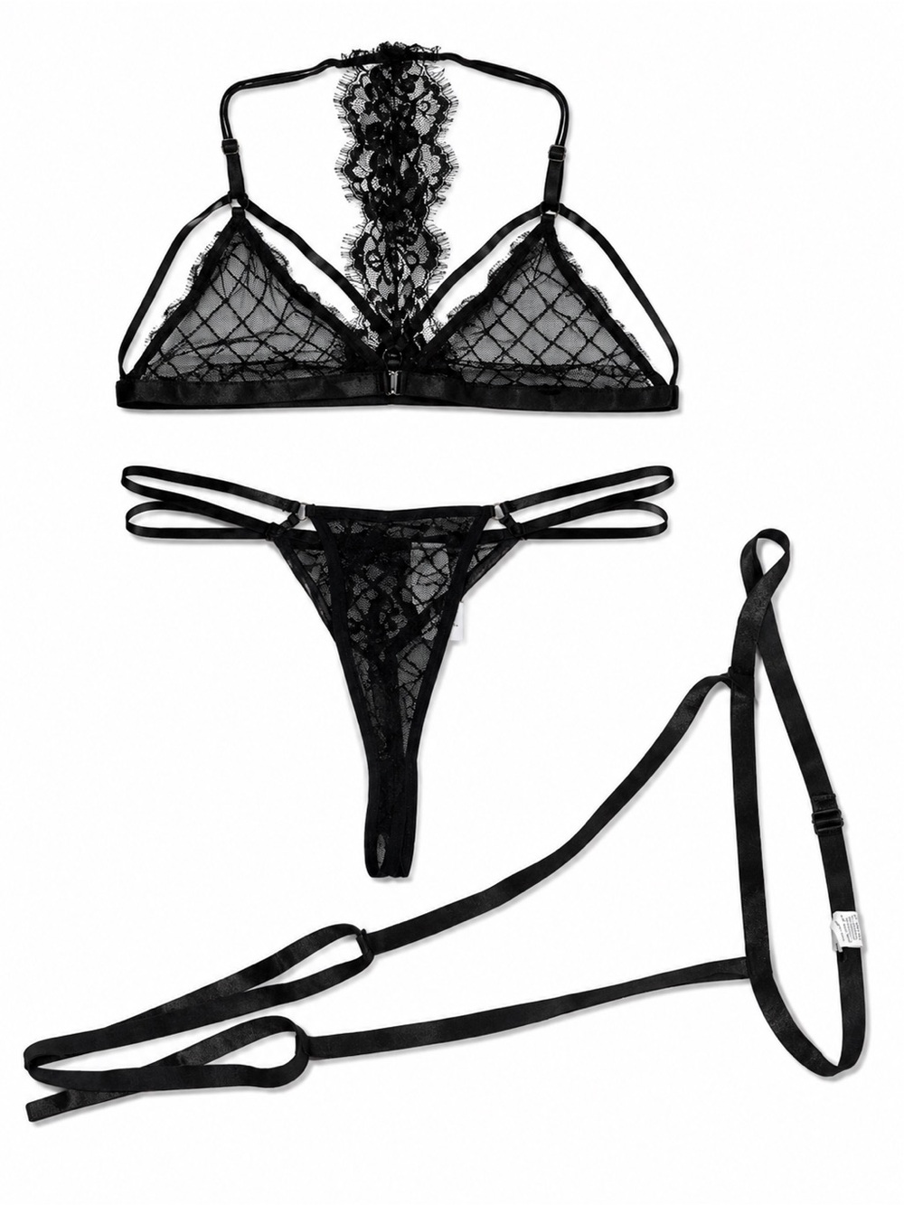 Sheer Lace Strappy Bralette & Thong Set - Black